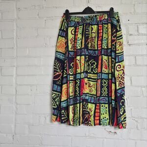 Delores Bell 2X, 80's Colorful Geometric Print Midi Skirt: Funky, Quirky, Artsy